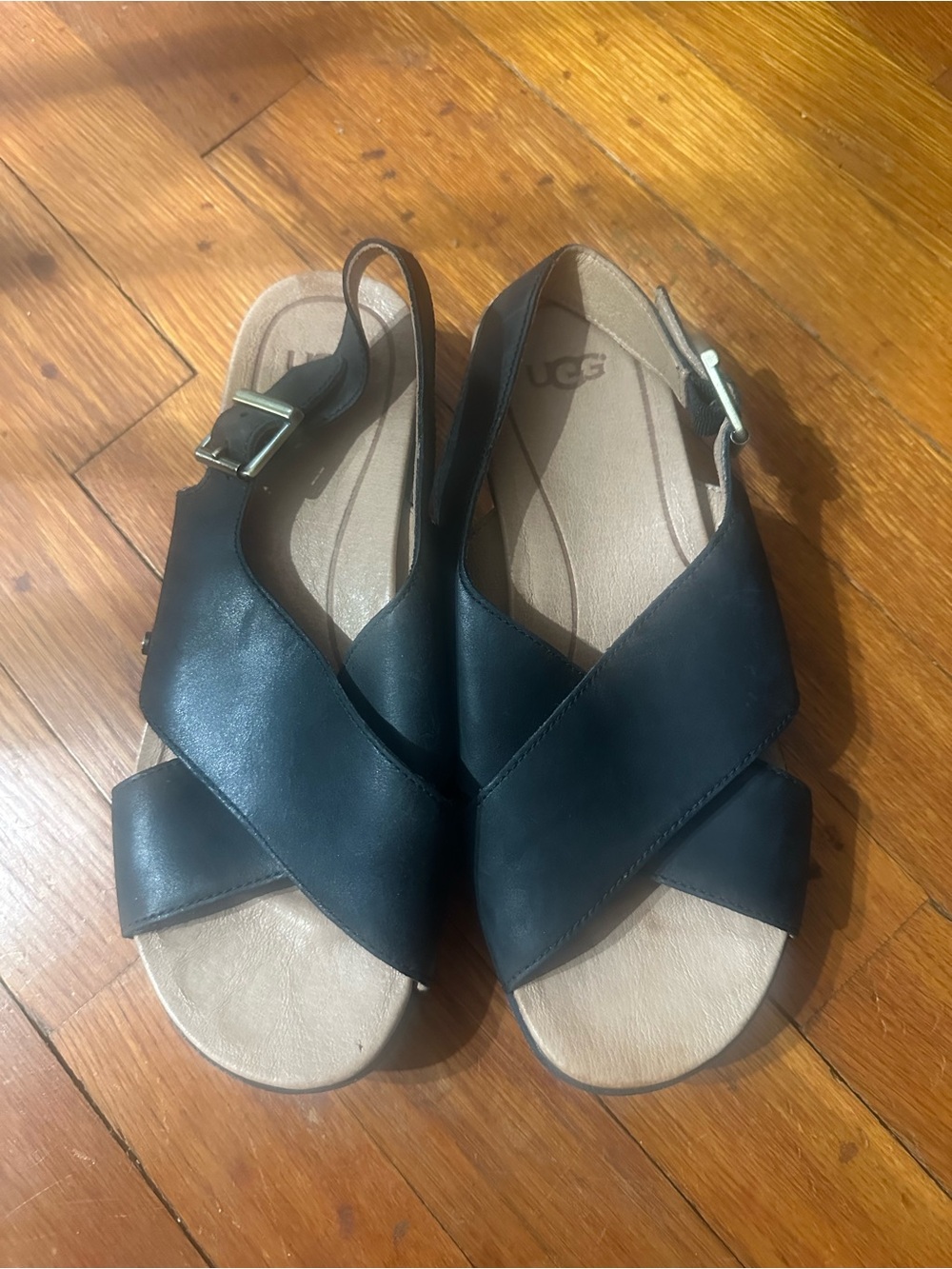 UGG Womens Kamile 1092259 Size 7.5 Black Leather Cross Strappy Sandals